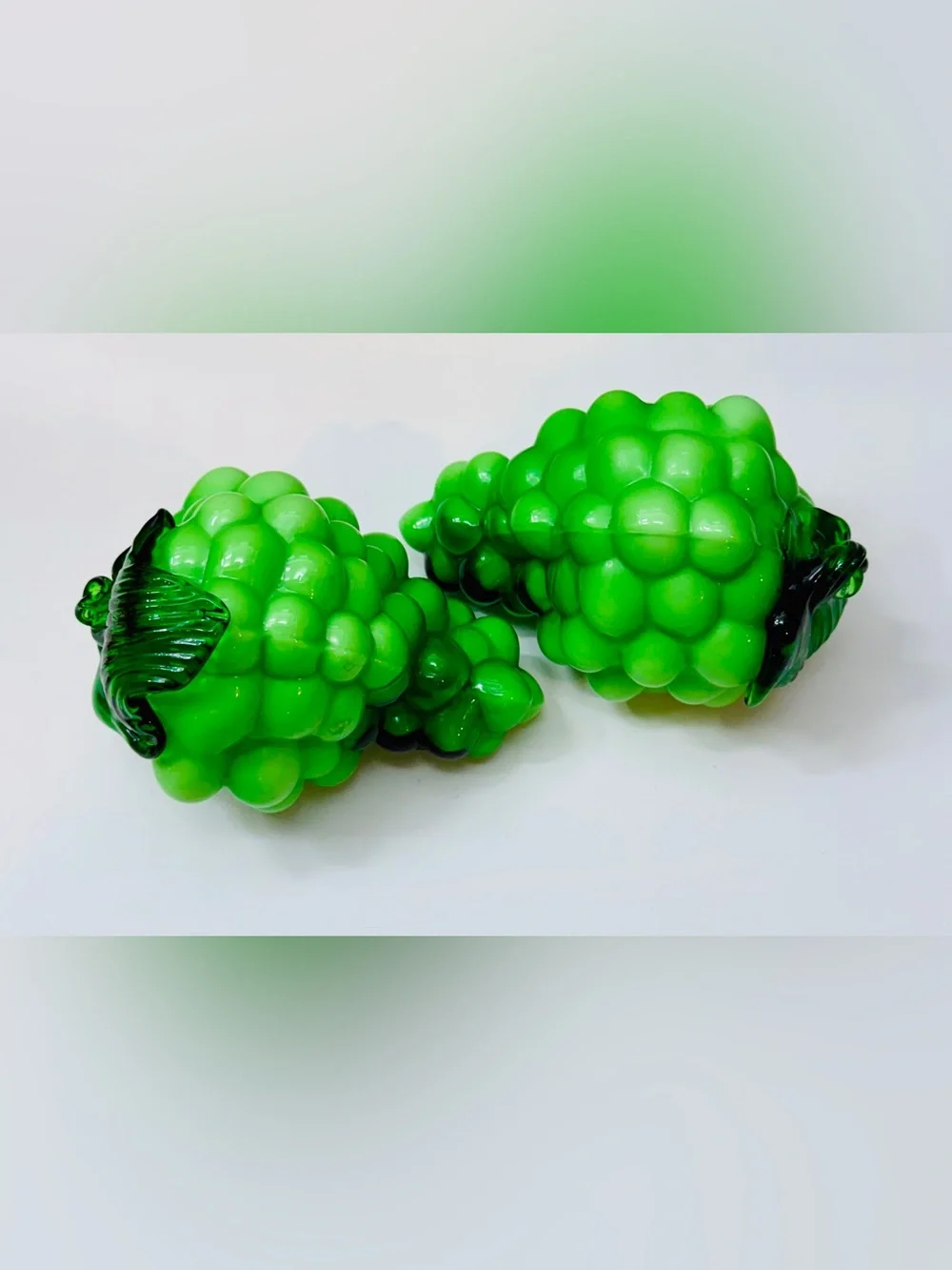 Green Glass Grape Clusters Set of 2 Fruit Figurines 6” Table Decor